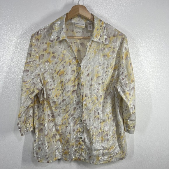 Alfred Dunner‎ Button Down Top Shimmer Abstract print 3/4 Sleeve Blouse 18W - Picture 1 of 12